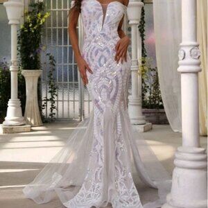 WHITE HOLOGRAPHIC WEDDING GOWN WITH EMBROIDERED SEQUINS